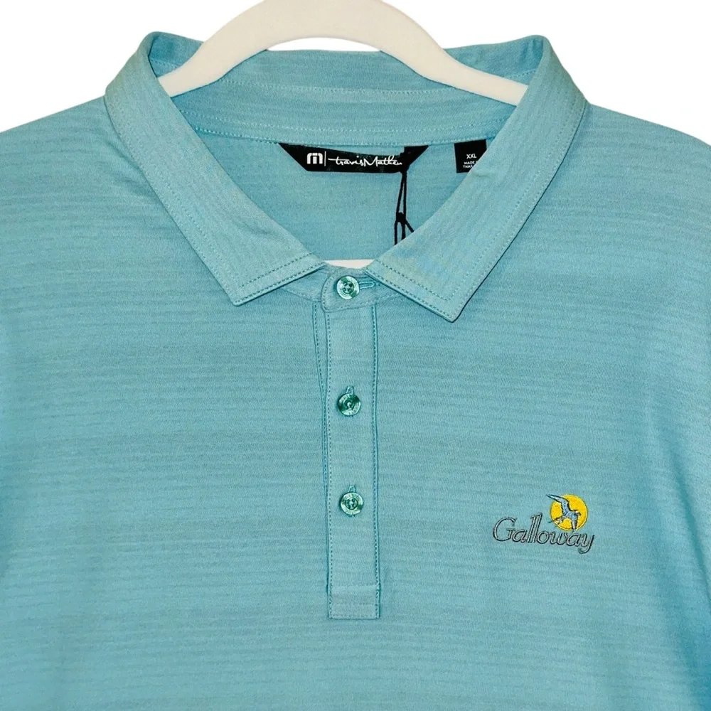 Travis Mathew NWT Galloway National GC Polo Logo Teal Green Gray Stripe XXL